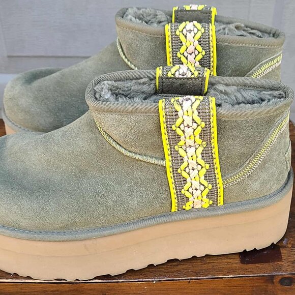 UGG Platform Tsman Braid Ultra Mini Suede shearling Lined Boots size 10 in Olive - Picture 2 of 11